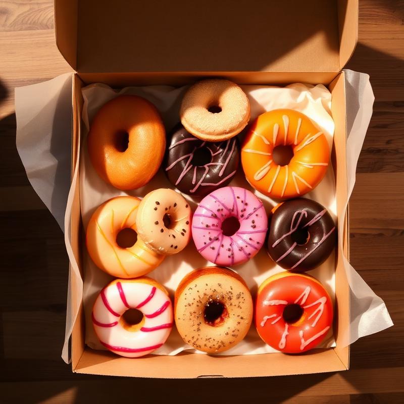 An open box of a dozen assorted donuts