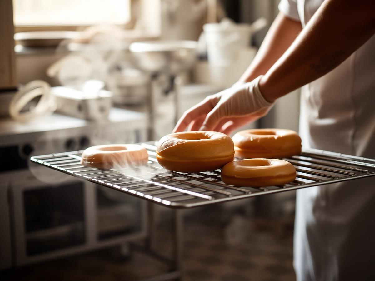 Donuts being hand glazed in the kitchen